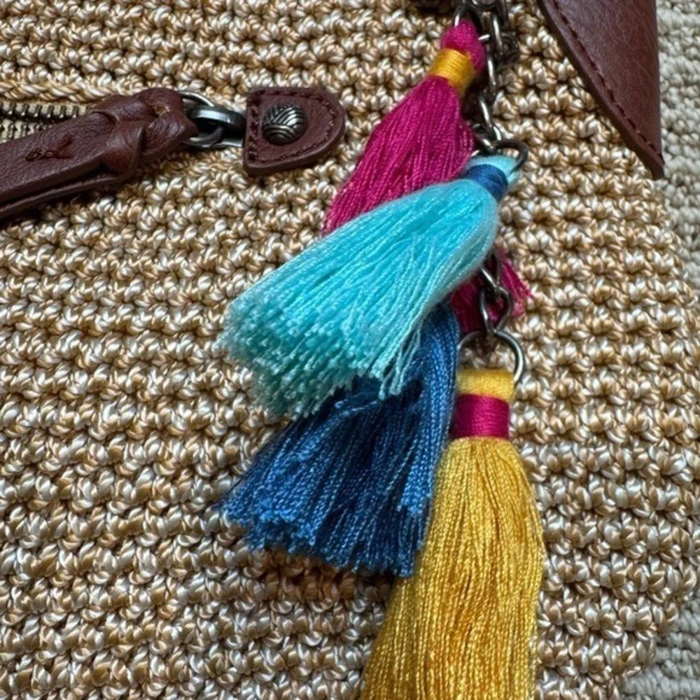 The Sak Crochet Crossbody Bag Tan Brown Leather Trim‎ Tassel Charm